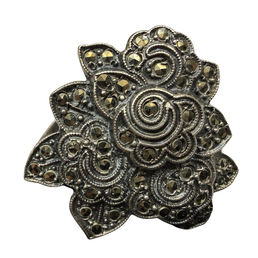 Vintage Sterling Silver Marcasite Floral Dress Fur Clip Brooch Pin